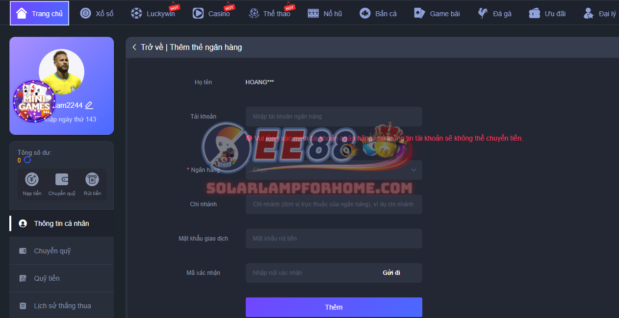 Người chơi cần thêm các thông tin ngân hàng của mình trước khi thực hiện giao dịch rút tiền EE88